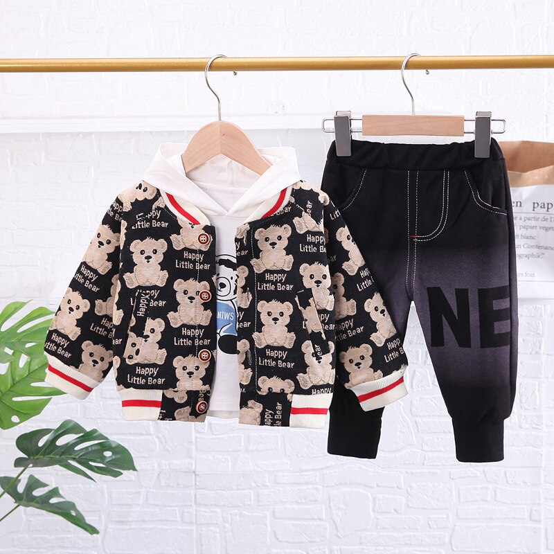 3pcs s tracksuits bear print cardigan coat+hooded shirts+pants