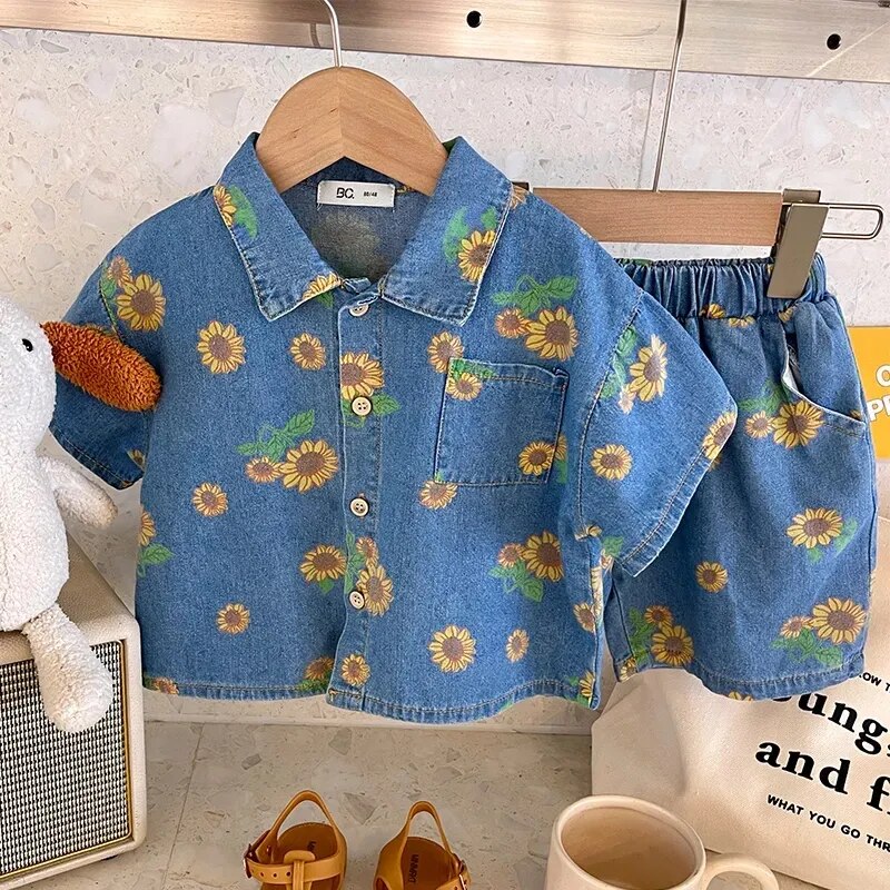 Denim Shirts Set Shirts and Shorts Daisy Print