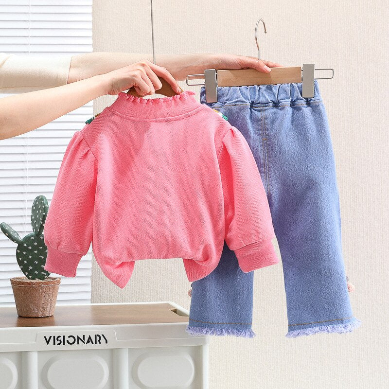 2PCS Clothes Set Long Sleeve Embroidery Lace Sweatshirt Washed Jeans Pants