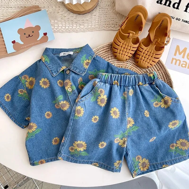 Denim Shirts Set Shirts and Shorts Daisy Print