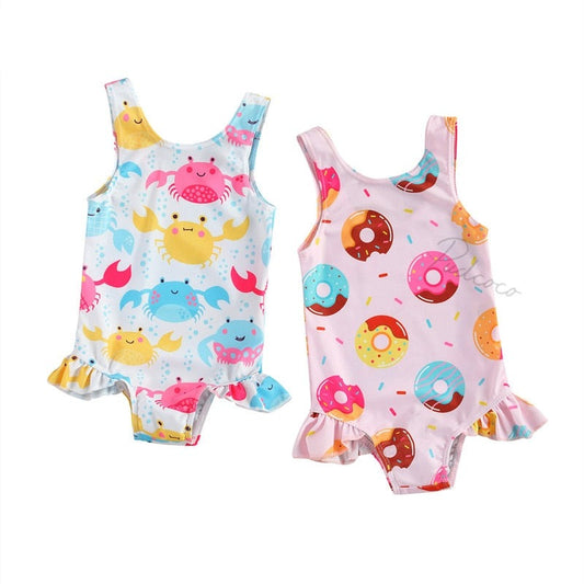 0-3Y Breathable Infant Newborn Girls One-piece Swimsuit, Summer Children Cute Crab/Donut Printing Sleeveless Swimwear Vacation