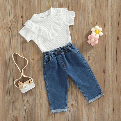 Jeans Pants + Ribbed Blouse and Lese Set