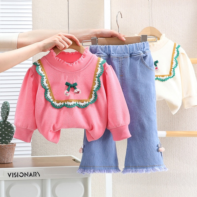2PCS Clothes Set Long Sleeve Embroidery Lace Sweatshirt Washed Jeans Pants