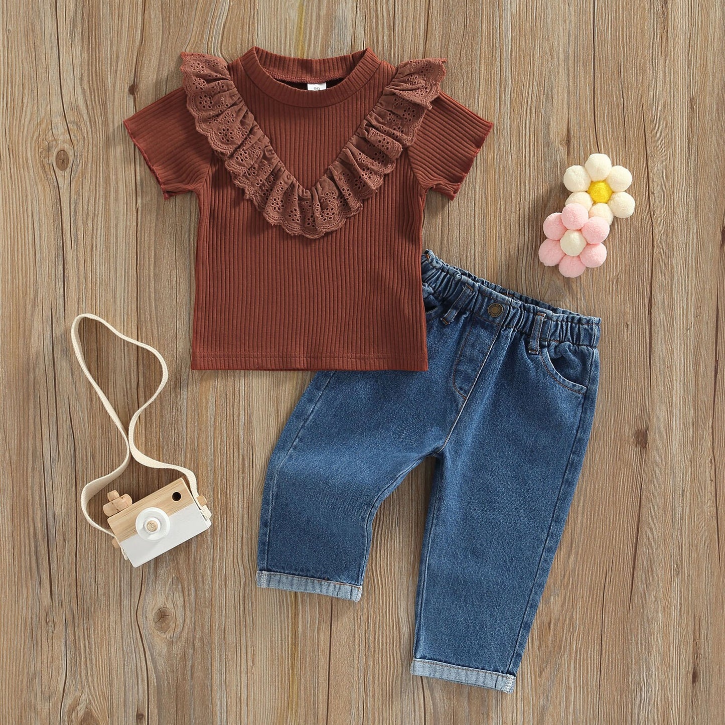 Jeans Pants + Ribbed Blouse and Lese Set